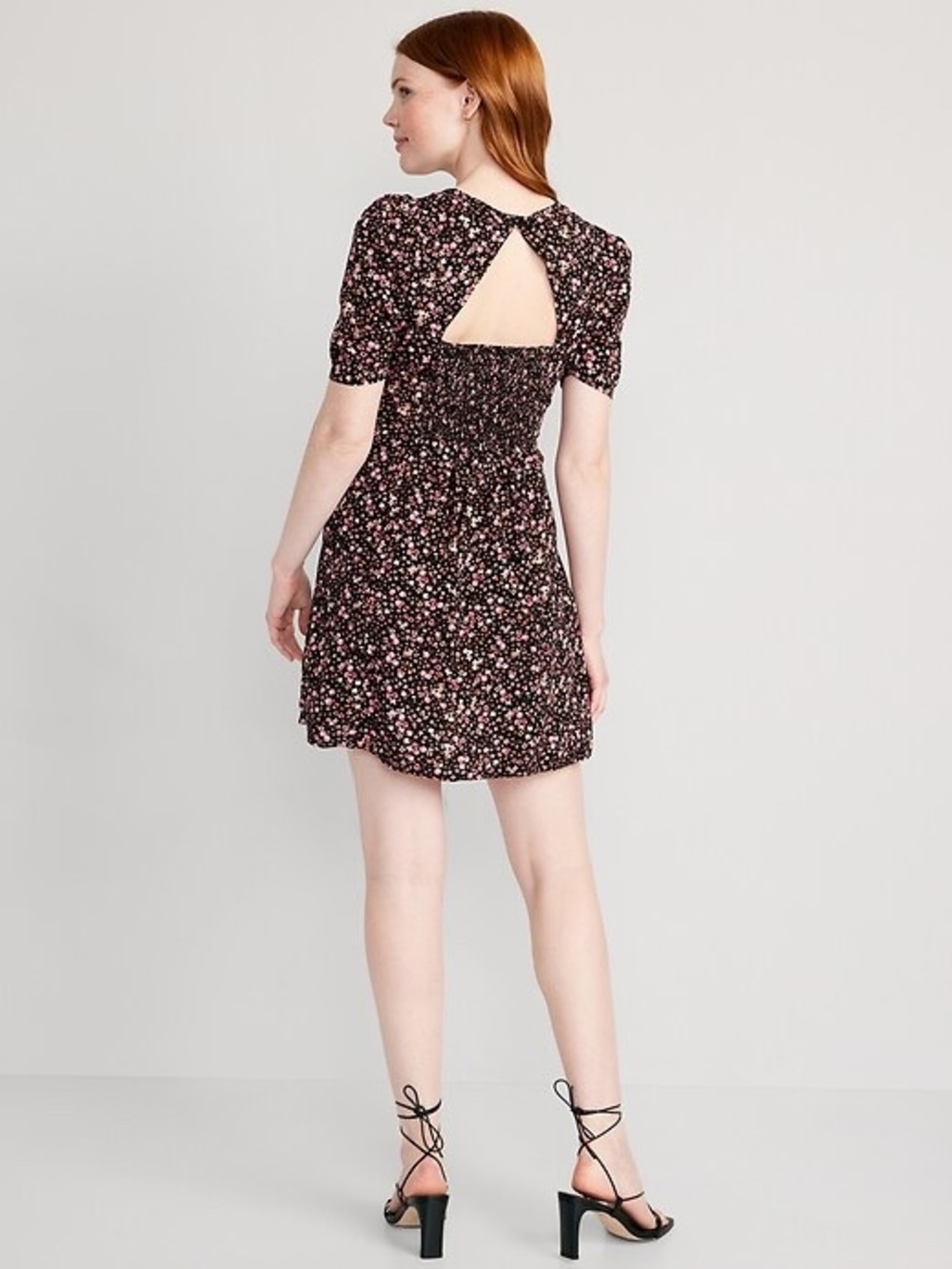 NWOT Old Navy Fit & Flare Puff Sleeve Smocked Ditsy Floral Cutout Mini Dress L